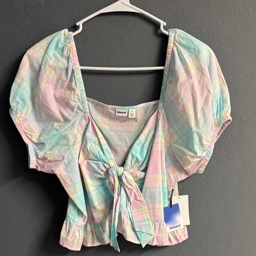 Abound Multicolor Plaid Tie-Front Blouse
